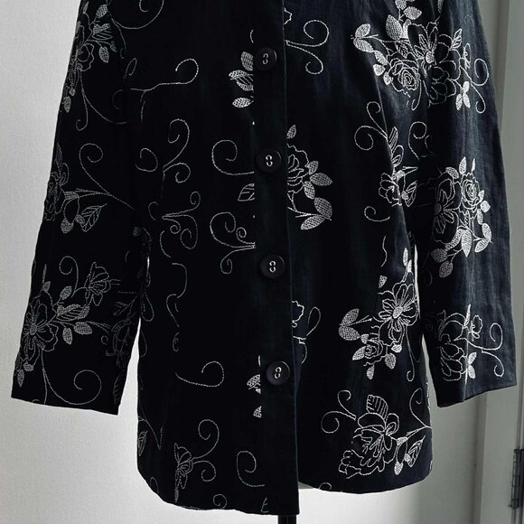 JM Collection Lined Black Linen Floral Embroidered Mandarin-Collar Jacket – US 8 - Picture 5 of 12